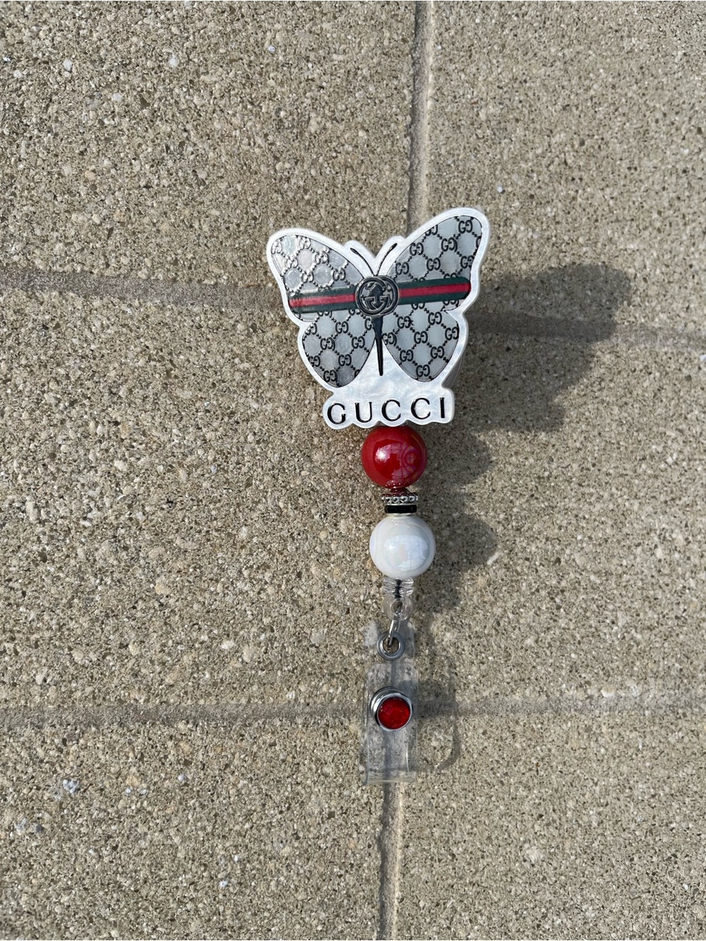 Hand Crafted Inspired White Butterfly Badge Reel with Red and White Beads